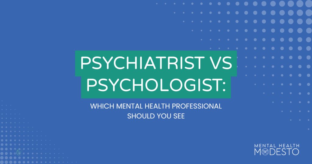 Title card reading 'Psychiatrist vs Psychologist: Which mental health professional should you see' with a blue background and Modesto logo bottom-right.