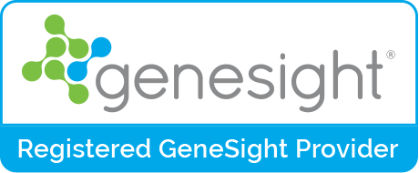 GeneSight logo with a green/blue molecular icon and the word 'genesisight', plus a blue banner reading 'Registered GeneSight Provider'.